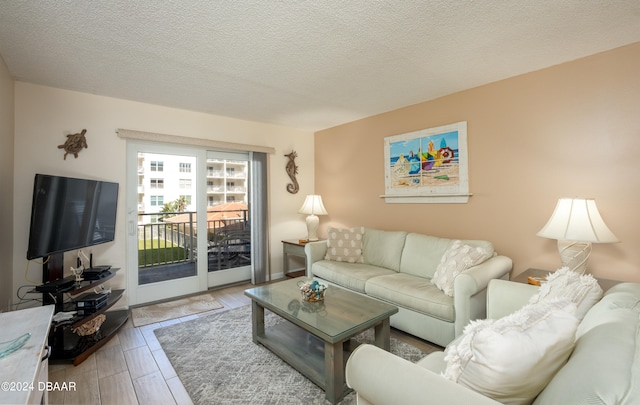 living room with hardwood / wood-style flooring and a textured ceiling