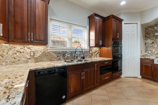 kitchen with black appliances, decorative backsplash, ornamental molding, and sink