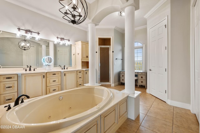 bathroom featuring ornate columns, plus walk in shower, tile patterned flooring, vanity, and ornamental molding