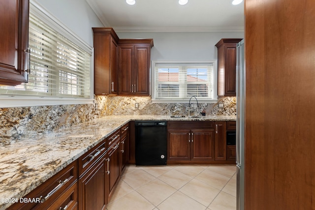 kitchen featuring black dishwasher, backsplash, ornamental molding, and sink