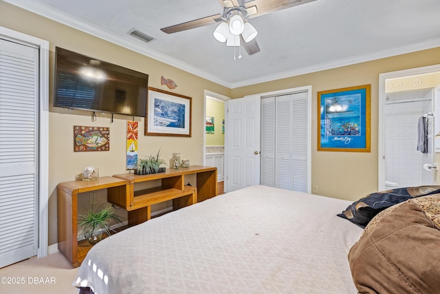 3048 Mango Tree Dr, Edgewater, FL 32141 - bedroom featuring crown molding, ensuite bath, and ceiling fan