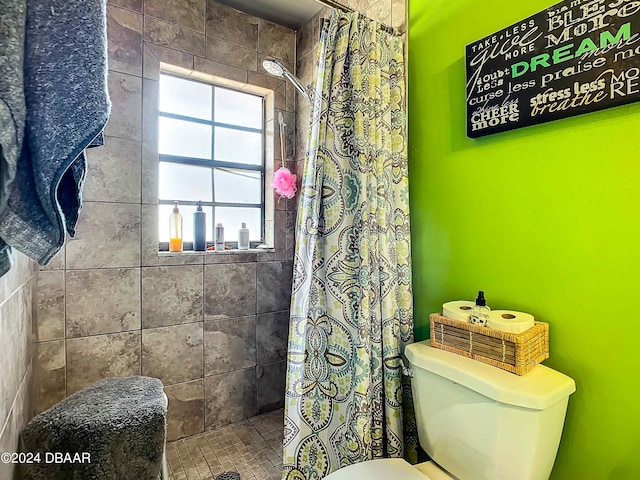 bathroom with toilet and a shower with curtain