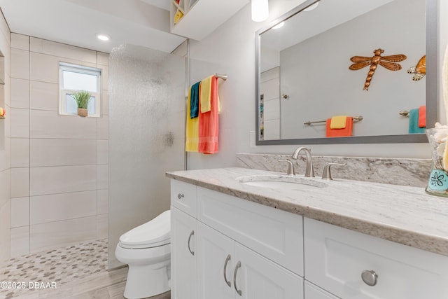 bathroom featuring toilet, vanity, and a tile shower