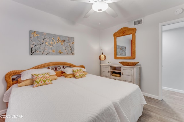 bedroom with ceiling fan and light wood-type flooring