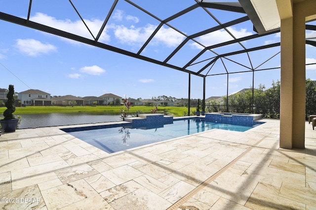 6279 W Fallsgrove Ln, Port Orange, FL 32128 - view of pool with a patio, a pool with connected hot tub, a residential view, and glass enclosure