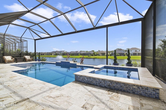 6279 W Fallsgrove Ln, Port Orange, FL 32128 - view of pool with a water view, glass enclosure, a patio, a pool with connected hot tub, and a residential view