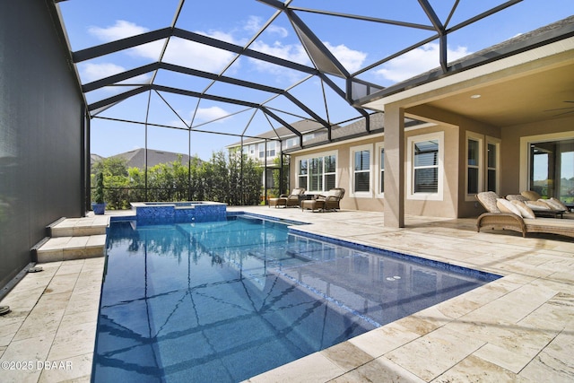 6279 W Fallsgrove Ln, Port Orange, FL 32128 - view of pool featuring a patio, a pool with connected hot tub, ceiling fan, and glass enclosure