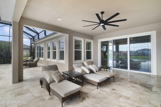 6279 W Fallsgrove Ln, Port Orange, FL 32128 - view of patio / terrace with an outdoor hangout area, a ceiling fan, and a lanai