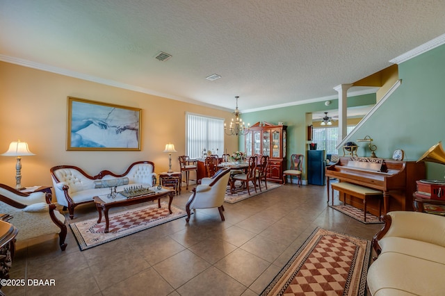 10 Cantilever Ct, Ormond Beach, FL 32174 - tiled living room featuring crown molding, a chandelier, a textured ceiling, and ceiling fan