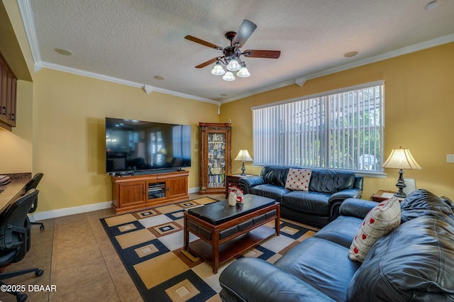 10 Cantilever Ct, Ormond Beach, FL 32174 - living area with ceiling fan, a textured ceiling, ornamental molding, light tile patterned floors, and baseboards