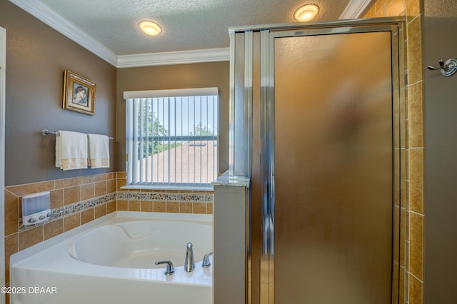 10 Cantilever Ct, Ormond Beach, FL 32174 - bathroom with a garden tub, a shower stall, a textured ceiling, and crown molding