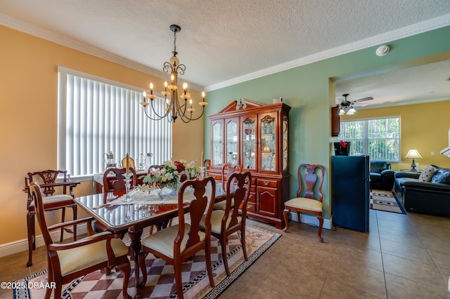 10 Cantilever Ct, Ormond Beach, FL 32174 - tiled dining space featuring crown molding, a chandelier, and a textured ceiling