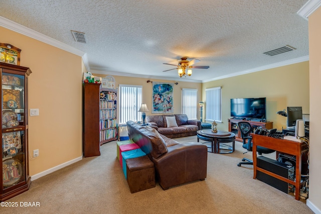 10 Cantilever Ct, Ormond Beach, FL 32174 - carpeted living room with crown molding, a ceiling fan, a textured ceiling, and baseboards