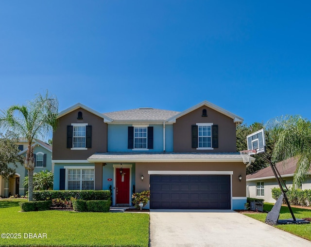 10 Cantilever Ct, Ormond Beach, FL 32174 - traditional home with stucco siding, a garage, driveway, and a front yard