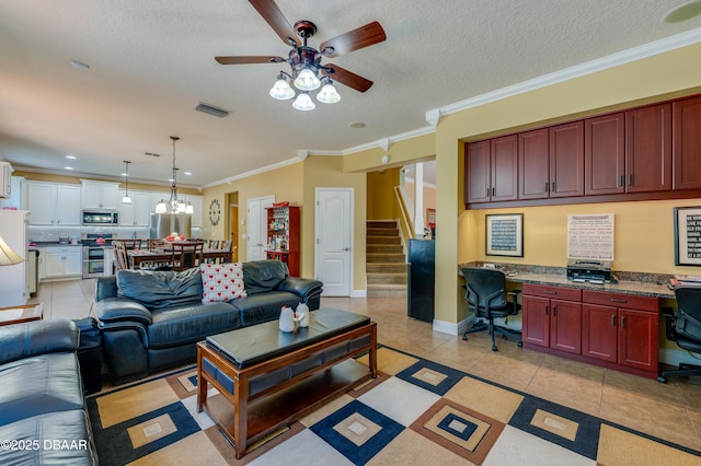 10 Cantilever Ct, Ormond Beach, FL 32174 - living area featuring ceiling fan, light tile patterned flooring, stairs, ornamental molding, and a textured ceiling