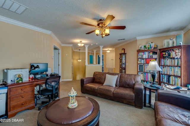 10 Cantilever Ct, Ormond Beach, FL 32174 - living area featuring an office area, carpet floors, ceiling fan, ornamental molding, and a textured ceiling