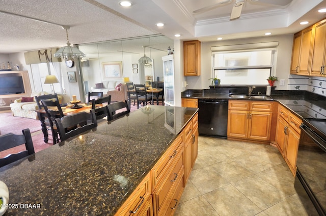 4435 S Atlantic Ave Unit 416, Ponce Inlet, FL 32127 - kitchen with black appliances, crown molding, open floor plan, recessed lighting, and brown cabinetry
