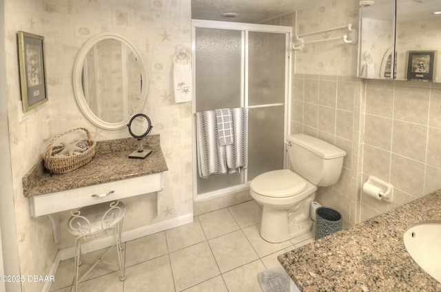4435 S Atlantic Ave Unit 416, Ponce Inlet, FL 32127 - full bathroom featuring tile patterned flooring, vanity, a shower stall, and wallpapered walls
