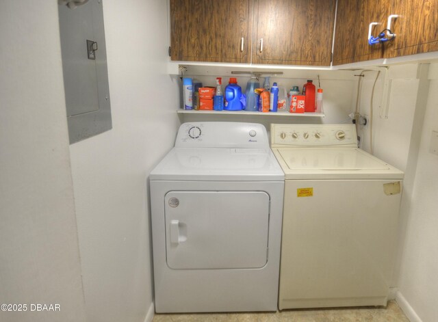 4435 S Atlantic Ave Unit 416, Ponce Inlet, FL 32127 - washroom featuring electric panel, cabinet space, and washing machine and dryer
