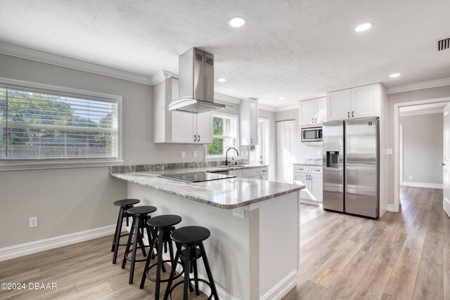 kitchen with extractor fan, a healthy amount of sunlight, appliances with stainless steel finishes, and white cabinets