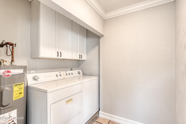 washroom featuring electric water heater, cabinets, crown molding, and independent washer and dryer