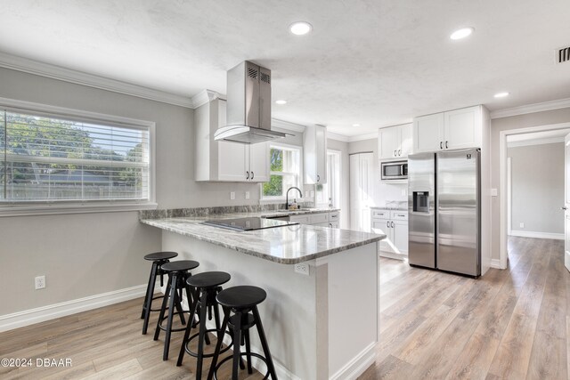 kitchen with white cabinets, a healthy amount of sunlight, island range hood, and appliances with stainless steel finishes