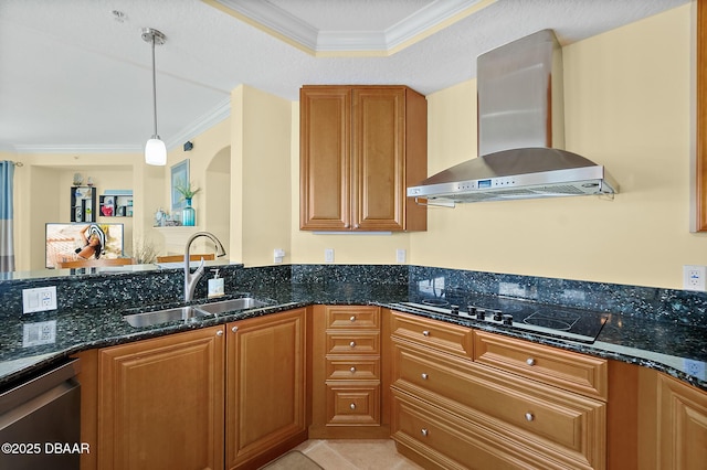 3343 S Atlantic Ave Unit 601, Daytona Beach Shores, FL 32118 - kitchen with wall chimney exhaust hood, black electric stovetop, dishwasher, crown molding, and brown cabinetry