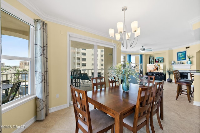 3343 S Atlantic Ave Unit 601, Daytona Beach Shores, FL 32118 - dining room with a chandelier, ornamental molding, healthy amount of natural light, ceiling fan, and light tile patterned floors
