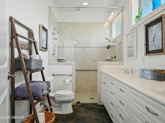 206 S Riverside Dr, Edgewater, FL 32132 - bathroom featuring a stall shower, double vanity, and tile patterned floors