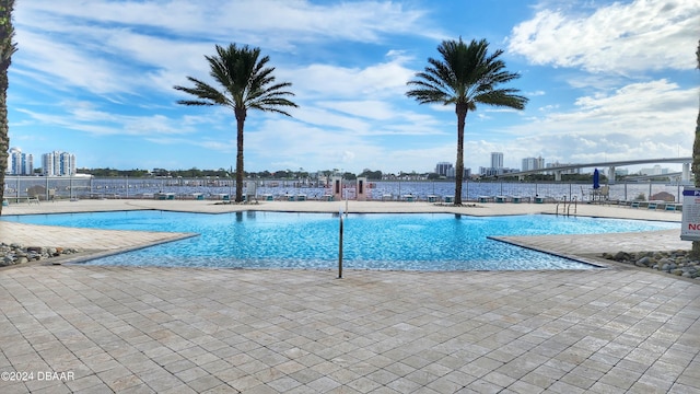 view of swimming pool with a patio area