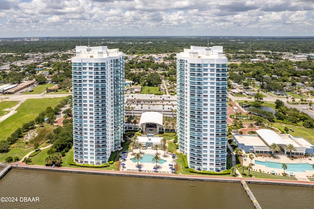 aerial view featuring a water view