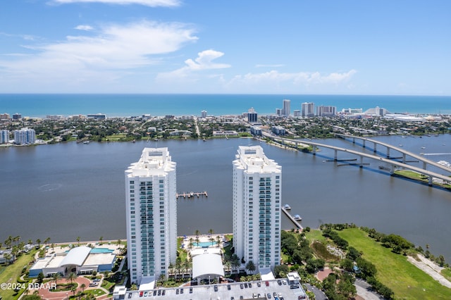 drone / aerial view featuring a water view