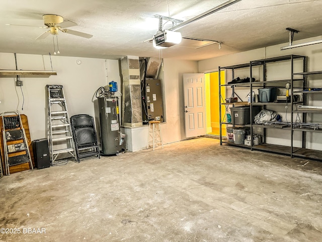 garage featuring a garage door opener and electric water heater