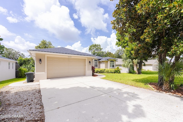 6065 Spruce Point Cir, Port Orange, FL 32128 - single story home featuring stucco siding, a front yard, a garage, and driveway
