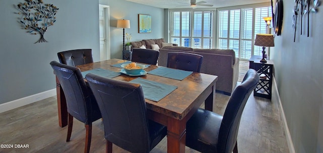 dining space featuring hardwood / wood-style floors, ceiling fan, and plenty of natural light