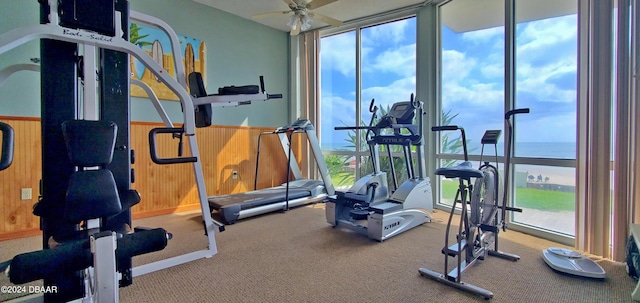 exercise room featuring carpet flooring, a water view, wooden walls, and ceiling fan