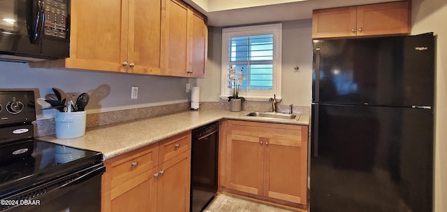 kitchen featuring light hardwood / wood-style floors, black appliances, and sink