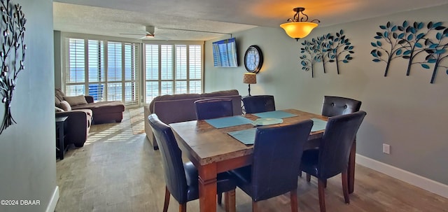 dining room featuring hardwood / wood-style flooring, ceiling fan, and a textured ceiling