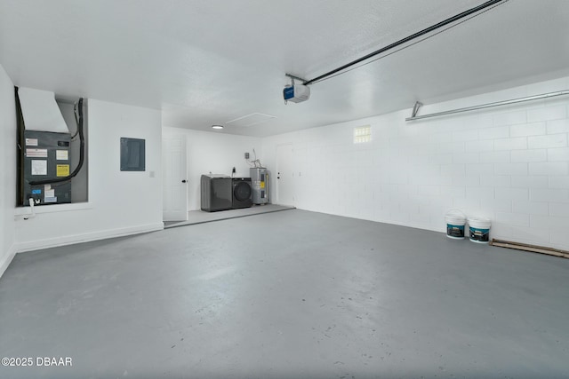 garage with concrete block wall, electric panel, a garage door opener, electric water heater, and heating unit