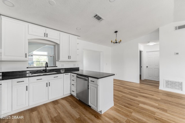 kitchen with dark countertops, visible vents, a sink, and stainless steel dishwasher