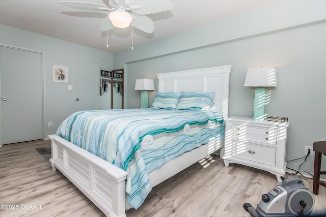 bedroom with ceiling fan and light wood-type flooring