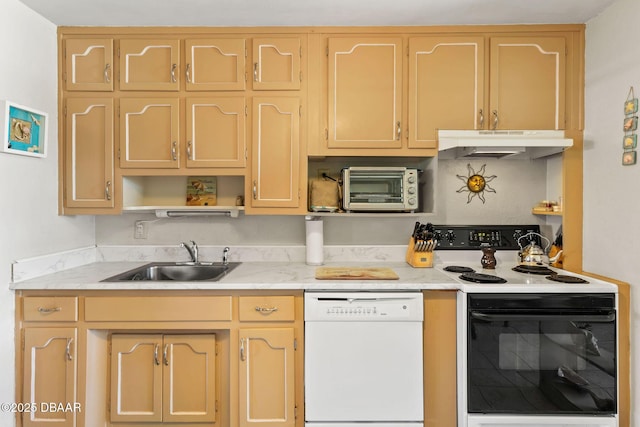 1 Beechwood Dr, Ormond Beach, FL 32176 - kitchen featuring white appliances, under cabinet range hood, light countertops, open shelves, and light brown cabinetry
