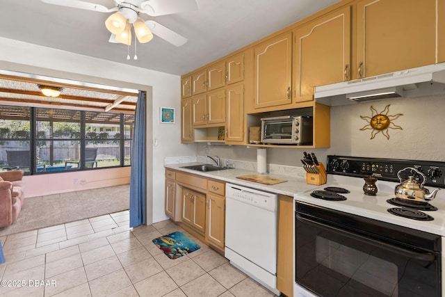 1 Beechwood Dr, Ormond Beach, FL 32176 - kitchen with electric range oven, dishwasher, under cabinet range hood, light countertops, and a ceiling fan