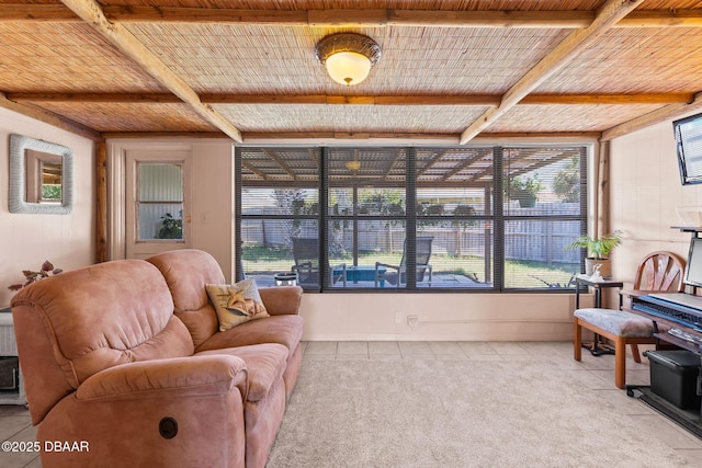 1 Beechwood Dr, Ormond Beach, FL 32176 - living area featuring light tile patterned flooring and a wood ceiling with exposed beams