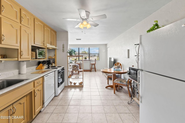 1 Beechwood Dr, Ormond Beach, FL 32176 - kitchen with white appliances, light countertops, ceiling fan, open shelves, and light tile patterned floors