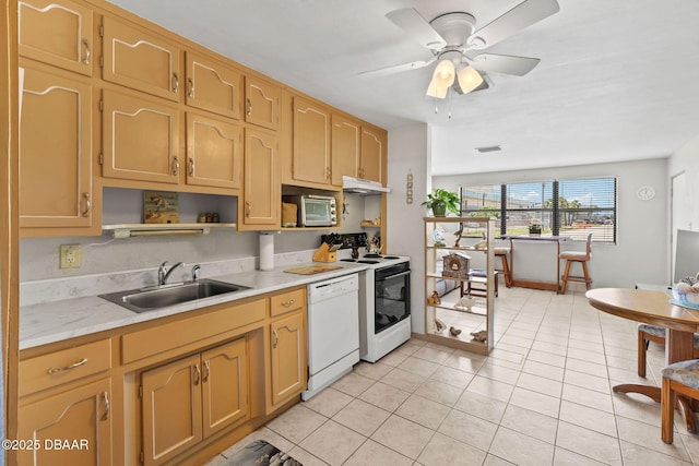 1 Beechwood Dr, Ormond Beach, FL 32176 - kitchen with white appliances, light countertops, open shelves, light tile patterned flooring, and a ceiling fan