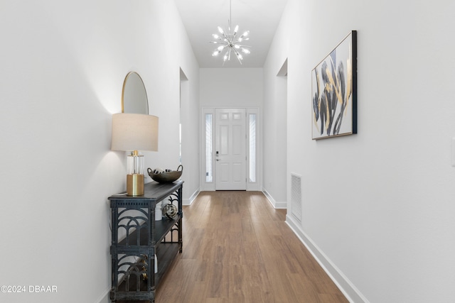 foyer featuring a high ceiling, wood-type flooring, and a notable chandelier