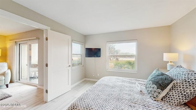 3170 Ocean Shore Blvd Unit 105, Ormond Beach, FL 32176 - bedroom featuring access to exterior and light wood-type flooring