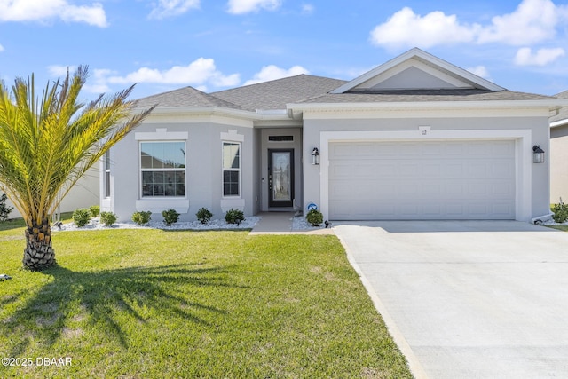 single story home featuring a front yard, driveway, an attached garage, a shingled roof, and stucco siding