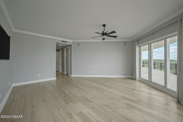 unfurnished room with ceiling fan, ornamental molding, and light hardwood / wood-style flooring